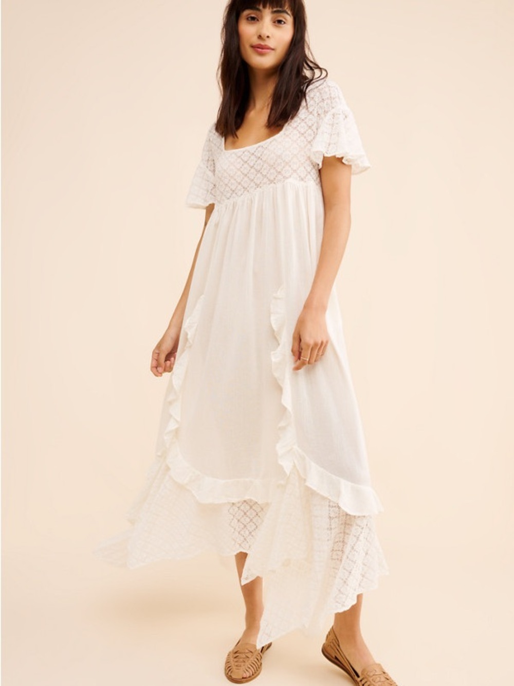 Free People NWT Cream Ruffled Lace Midi Dress - Picture 2 of 5